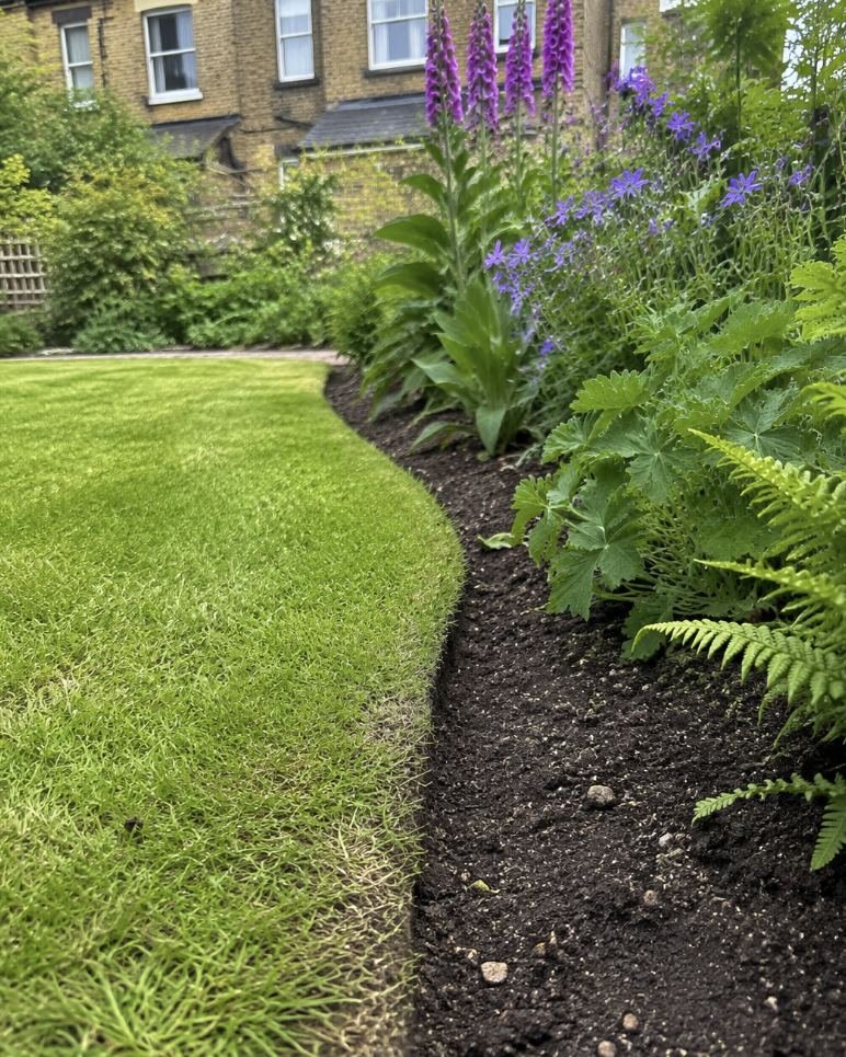 A curved lawn edge cut back against a planted border